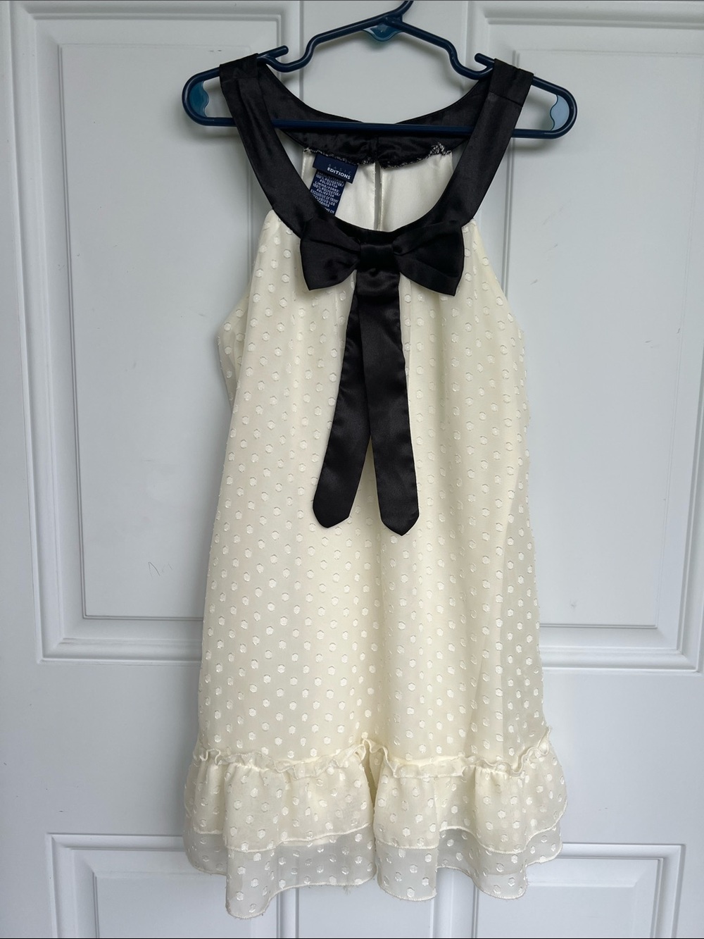 Basic Editions Ivory Swiss Dot Dress with Black Satin Bow